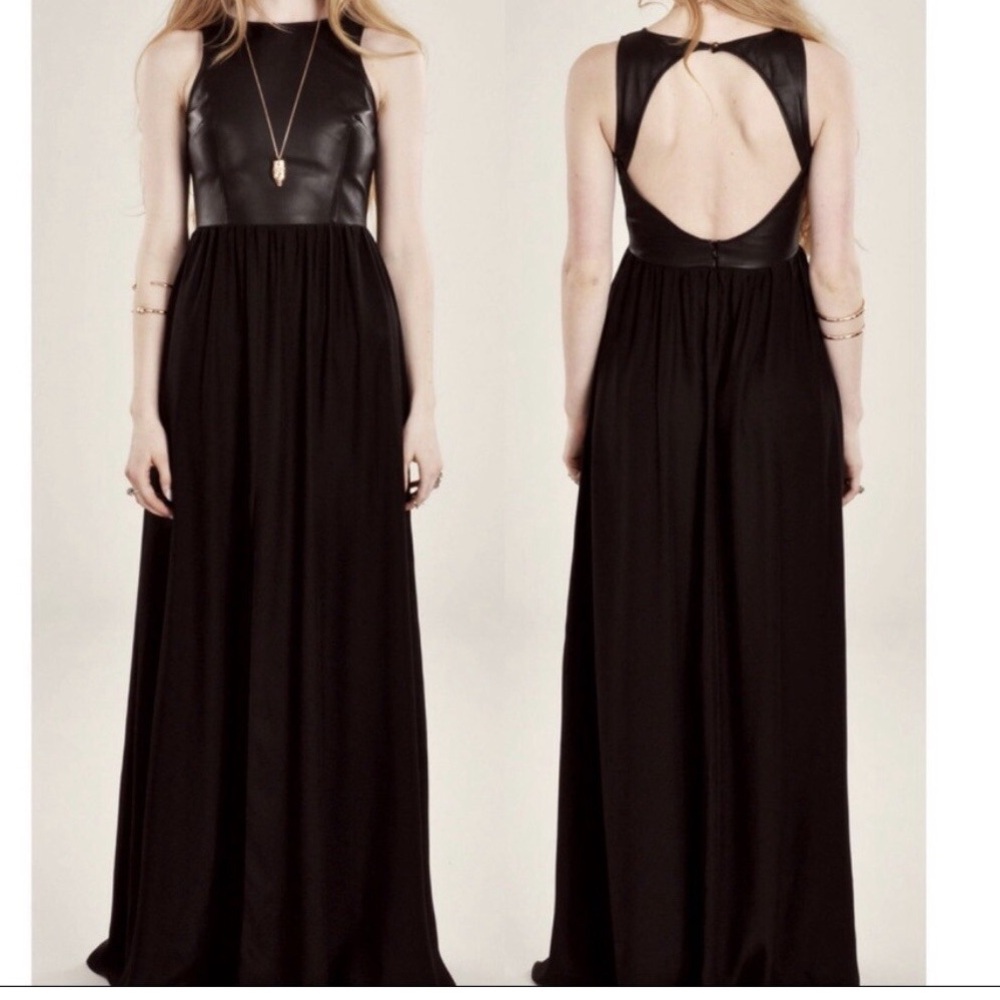 Rae Francis Stunning Black Backless Faux Leather Dress with Flowy Satin Skirt